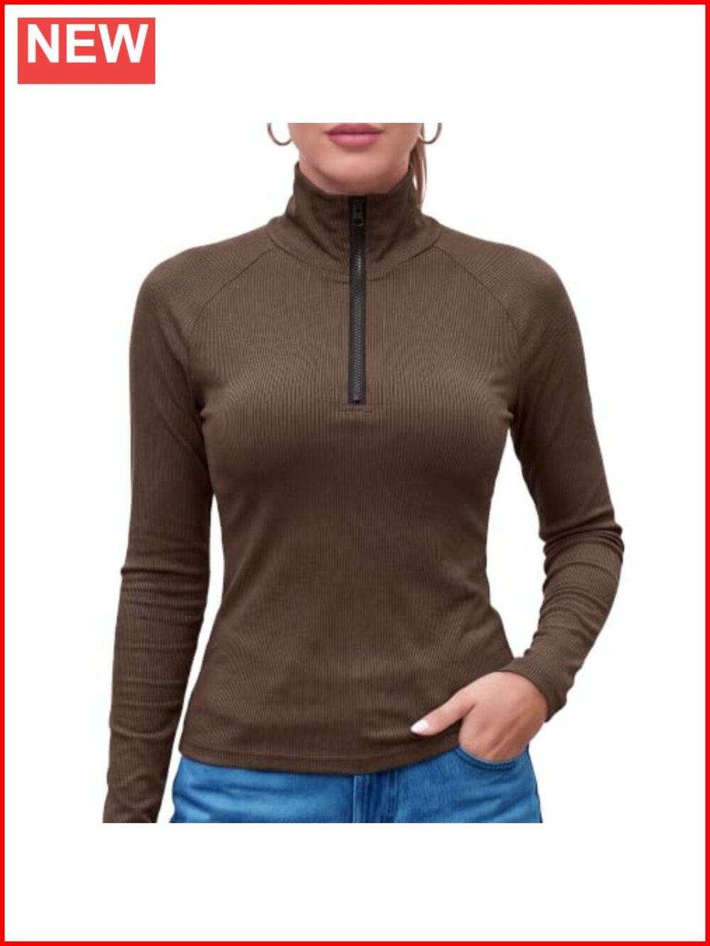 Women Ribbed Knit Half Zip Turtleneck Long Sleeve Slim Sweater